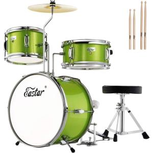 imageDrum Set Eastar 14 inch Drum Kit for Beginners 3Piece with Adjustable Throne Cymbal Pedal ampamp Two Pairs of Drumsticks Junior Drum Set with Bass Tom Snare Drum Metallic Green