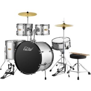 imageDrum Set Eastar 22 inch for Adults 5 Piece Full Size Drum Kit Junior Beginner with Pedal Cymbals Stands Stool and Sticks Metallic Silver