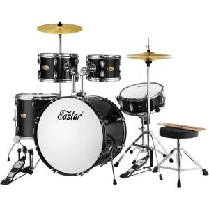 imageDrum Set Eastar 22 inch for Adults 5 Piece Full Size Drum Kit Junior Beginner with Pedal Cymbals Stands Stool and Sticks Mirror BlackEB0335