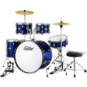 imageDrum Set Eastar 22 inch for Adults 5 Piece Full Size Drum Kit Junior Beginner with Pedal Cymbals Stands Stool and Sticks Mirror BlackEB0336