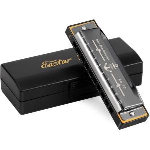 imageEastar Admiral 24 Holes Harmonica Key of C Tremolo for Beginners Adults Kids Performance Competition Mouth Organ with Hard Case and Cloth SilverBlack
