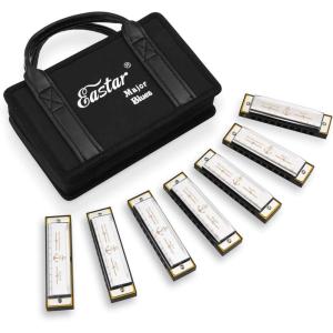imageEastar Admiral 24 Holes Harmonica Key of C Tremolo for Beginners Adults Kids Performance Competition Mouth Organ with Hard Case and Cloth SilverMulticolor