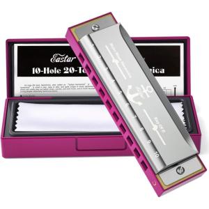 imageEastar Admiral 24 Holes Harmonica Key of C Tremolo for Beginners Adults Kids Performance Competition Mouth Organ with Hard Case and Cloth SilverPink