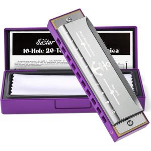 imageEastar Admiral 24 Holes Harmonica Key of C Tremolo for Beginners Adults Kids Performance Competition Mouth Organ with Hard Case and Cloth SilverPurple