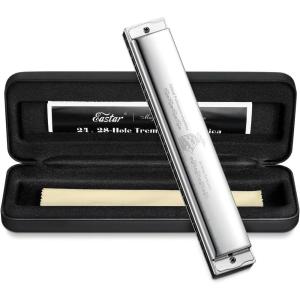 imageEastar Admiral 24 Holes Harmonica Key of C Tremolo for Beginners Adults Kids Performance Competition Mouth Organ with Hard Case and Cloth SilverSilver