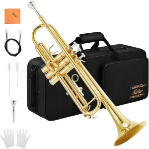 imageEastar Bb Standard Trumpet Set for Beginner Brass Student Trumpet Instrument with Hard Case Cleaning Kit 7C Mouthpiece and Gloves ETR380 GoldenGold