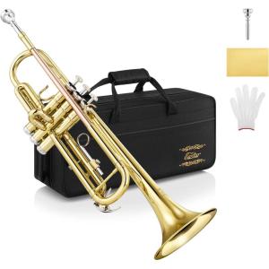 imageEastar Bb Standard Trumpet Set for Beginner Brass Student Trumpet Instrument with Hard Case Cleaning Kit 7C Mouthpiece and Gloves ETR380 GoldenGolden