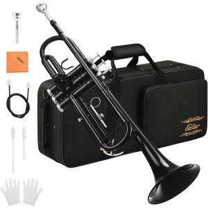 imageEastar Bb Standard Trumpet Set for Beginner Brass Student Trumpet Instrument with Hard Case Cleaning Kit 7C Mouthpiece and Gloves ETR380 Goldenblack