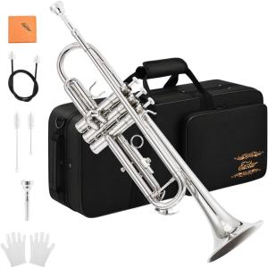 imageEastar Bb Standard Trumpet Set for Beginner Brass Student Trumpet Instrument with Hard Case Cleaning Kit 7C Mouthpiece and Gloves ETR380 Goldensilver