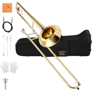 imageEastar Bb Tenor Slide Trombone for Beginners Students B Flat Brass Plated Trombone Instrument with Mouthpiece White Gloves Cleaning Kit ETB330 Golden