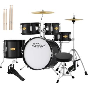 imageEastar Drum Set for Kids  16 inch 5Piece Drum Kit for Beginners with Adjustable Throne and Cymbal Pedal ampamp Drumsticks Metallic Blue EDS350MBEBlack
