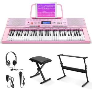 imageEastar Electronic Keyboard Piano Kit 61 Key for Beginner Children Digital E Piano with Stand Bench Music Stand and Microphone Pink Musical Instruments Gift for Kids