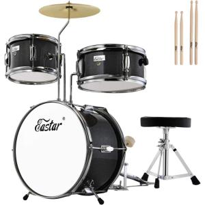 imageEastar Kids Drum Set 14 3PieceBeginners Drum Kit with Throne Cymbal Pedal ampamp Two Drumsticks Christmas Gift For Child age 39 Years Black