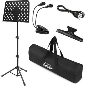 imageEastar Metal Music Stand for Sheet Music Book and Note Laptop Guitar Portable Music Stand Kit Adjustable from 23 to 61 with LED Light Music Clip Holder Carrying Bag Black