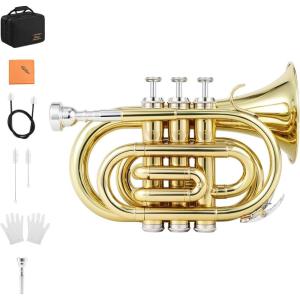 imageEastar Pocket Trumpet B Flat Brass Bb Pocket Trumpet with Mouthpiece 7C Cleaning Cloth Hard Case Gloves Full Kit Gold Lacquer ETR330Golden