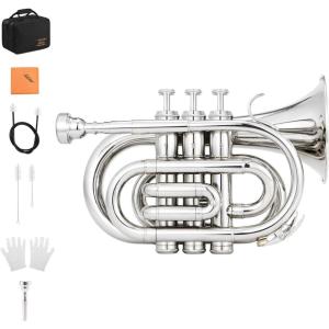 imageEastar Pocket Trumpet B Flat Brass Bb Pocket Trumpet with Mouthpiece 7C Cleaning Cloth Hard Case Gloves Full Kit Gold Lacquer ETR330Silver