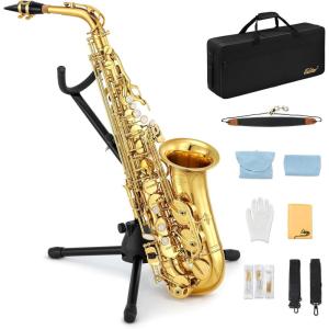 imageEastar Student Alto Saxophone E Flat for Beginner Sax Full Kit with Carrying Case Mouthpiece Straps Reeds Stand Golden Lacquer ASGolden
