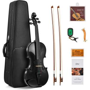 imageEastar Violin 44 Full Size for Adults Violin Set for Beginners with Hard Case Rosin Shoulder Rest Bow and Extra Strings Imprinted Finger Guide on Fingerboard EVA2Black