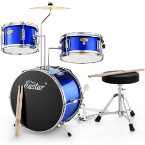 imageKids Drum Kit Eastar 14  for Kids Beginners Drum Set 3Piece with Adjustable Throne Cymbal Pedal ampamp 2 Pairs of Drumsticks Junior Drum Set with Bass Tom Snare Drum Mirror Blue