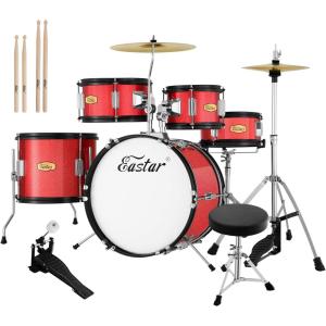 imageKids Drum Set  Eastar 16 inch 5Piece Junior Drum Kit for Beginners Teenagers with Adjustable Throne and Cymbal Pedal ampamp Drumsticks Metallic Red EDS350RD