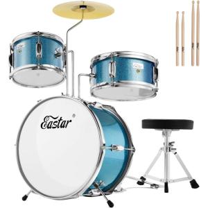 imageKids Drum Set Eastar 3Piece for Beginners 14 inch Drum Kit with Adjustable Throne Cymbal Pedal ampamp Two Pairs of Drumsticks Junior Drum Set with Bass Tom Snare Drum Metallic Sky BlueBlue
