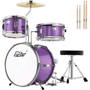 imageKids Drum Set Eastar 3Piece for Beginners 14 inch Drum Kit with Adjustable Throne Cymbal Pedal ampamp Two Pairs of Drumsticks Junior Drum Set with Bass Tom Snare Drum Metallic Sky BluePurple