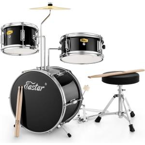 imageKids Drum Set Eastar 3Piece for Beginners 14 inch Drum Kit with Adjustable Throne Cymbal Pedal ampamp Two Pairs of Drumsticks Junior Drum Set with Bass Tom Snare Drum Metallic Sky BlueBlack