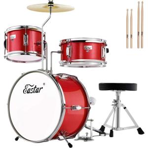 imageKids Drum Set Eastar 3Piece for Beginners 14 inch Drum Kit with Adjustable Throne Cymbal Pedal ampamp Two Pairs of Drumsticks Junior Drum Set with Bass Tom Snare Drum Metallic Sky BlueRed