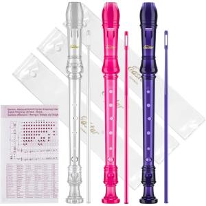 imageEastar Soprano Recorder Instrument for Kids Beginners German fingering C Key Recorder Set 3 Piece with Cleaning Kit Storage Bag Fingering Chart ERS3G1 SchoolApproved Transparent Pink Purple
