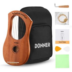 imageDonner Lyre Harp 7 Metal Strings Mahogany Body and Bone Saddle DLH001 Lyre Harp for Beginner Kids with Tuning Wrench Spare String Set Black Gig Bag Manual Ancient Greece Style7 Strings